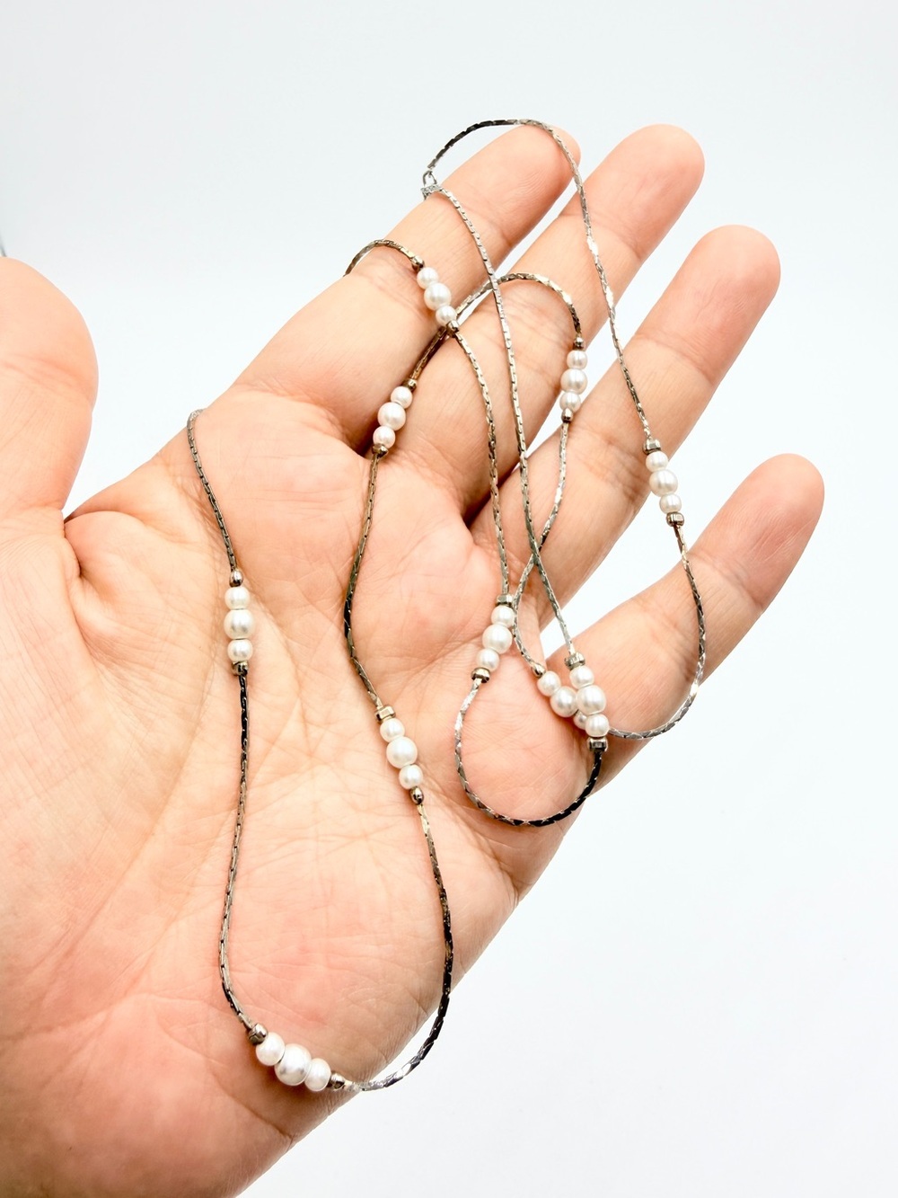 Vintage Korea Signed Pearl Station Necklace – Silver Tone Chain